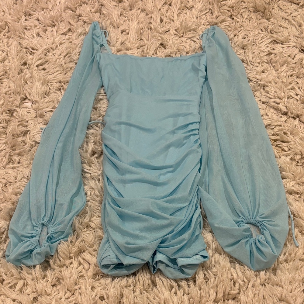 Lucy in the Sky Light Blue Ruched Long Sleeve Dress